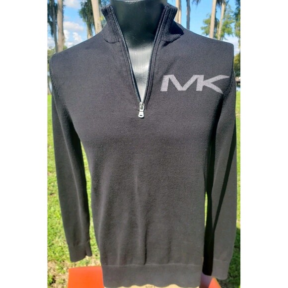 Michael Kors Men’s Small 1/4 Zip Pullover Monogram MK Logo Black 100% Cotton - Picture 1 of 12